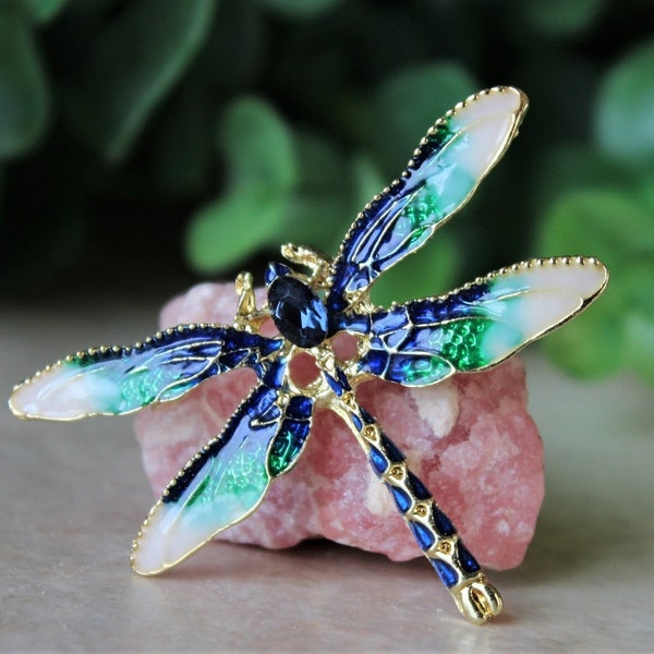 Dragonfly Brooch Pin Jeweled Blue Crystal Rhinestone Bridal Bridesmaid Insect Brooch Butterfly Bug Gold Hand Painted Vintage Gift Handmade