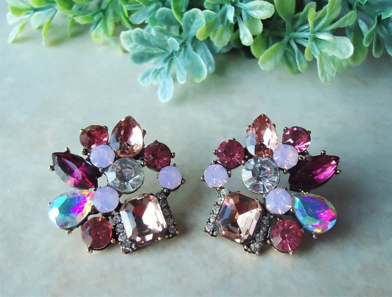 Multi Colors Stud Earrings.Crystal.Post Earrings.Jeweled.Aurora Borealis.Gold.Bridal.Cluster.Bridesmaid.Gemstone.Formal.Big.Gift.Handmade.