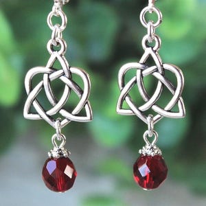 Celtic Heart Dangle Earrings, Garnet Crystal, Love Knot, Red, Metal, Silver, Ruby, Bridal, Irish, Infinite, Gift, Handmade