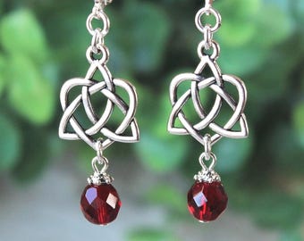 Celtic Knot Dangle Earrings with Garnet Crystal, Bridal Statement Jewelry, Gift, Handmade
