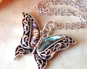 Butterfly Pendant Necklace Abalone Shell Silver Chain Dragonfly Bridal Bridesmaid Small Layering multi colors Gift Handmade