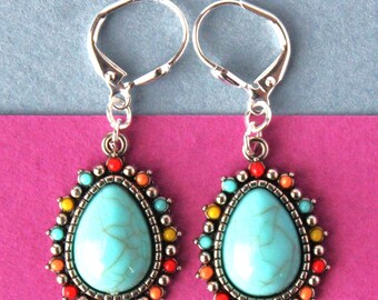 Blue Turquoise Dangle Earrings, Jeweled Tear Drop, Bohemian Statement Jewelry, Gift, Handmade