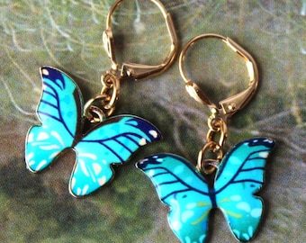 Butterfly Dangle Earrings Blue Aqua Painted Enamel Cloisonne Gold Dainty Bridal Colorful Dragonfly Drop Statement Gift Handmade