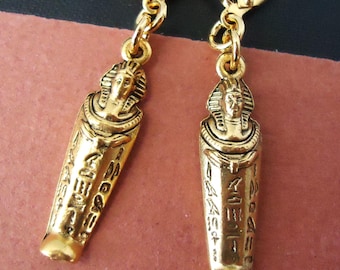 Gold Egyptian Mummy Dangle Earrings: Pharaoh Sarcophagus, Statement Jewelry, Gift, Handmade