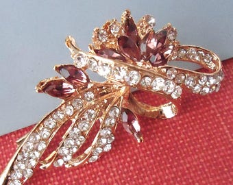 Rose Gold Crystal Brooch: Pink Floral Rhinestone Pin, Bridal Statement Jewelry, Gift, Handmade