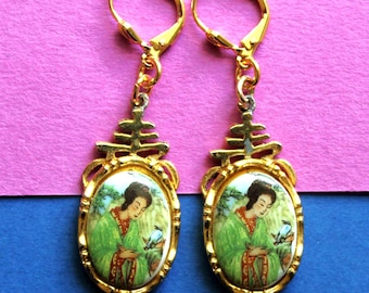 Chinese prosperity Dangle Earrings, Woman with Bird, Statement Jewelry, Gift, Handmade