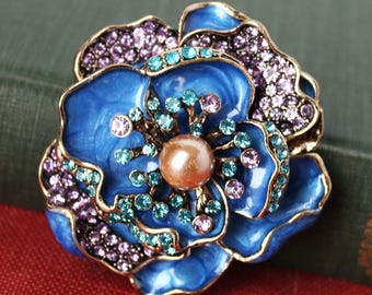 Blue Flower Enamel Brooch, Jeweled Pink Aqua Swarovski Crystals Rhinestone, Floral Statement Jewelry, Handmade