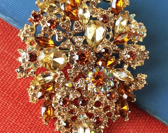 Topaz Crystal Brooch: Vintage Gold Floral Rhinestone Pin, Bridal Statement Jewelry, Gift, Handmade