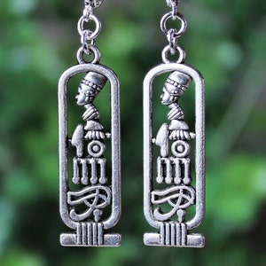 Egyptian Dangle Earrings Hieroglyphs Silver Metal Bridal Ancient Goddess Egyptian Art Statement Spiritual Museum Gift Handmade