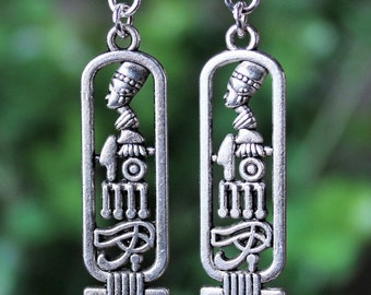 Egyptian Dangle Earrings, Hieroglyphs, Silver Metal, Ancient Spiritual Statement Jewelry, Gift, Handmade