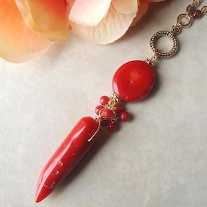 Red Coral Pendant Necklace: Gold Plated Chain, Bohemian Gemstone