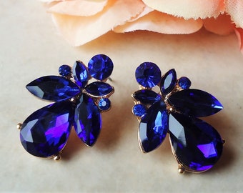 Blue Sapphire Crystal Stud Earrings Post Earrings Jeweled Gold Bridal Cluster Earrings Bridesmaid Navy Vintage Tiny Small Gift Handmade