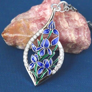 Iris Flower Pendant Necklace, Jeweled Blue Crystal Rhinestone, Silver Chain, Statement Jewelry, Gift, Handmade