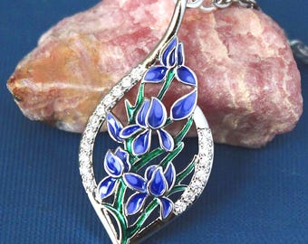 Iris Flower Pendant Necklace, Jeweled Blue Crystal Rhinestone, Silver Chain, Statement Jewelry, Gift, Handmade
