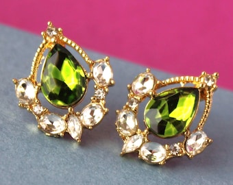 Olive Green Crystal Stud Post Earrings: Gold Rhinestone, Bridal Statement Jewelry, Gift, Handmade