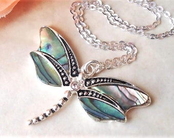 Dragonfly Pendant Necklace, Abalone Shell, Silver Chain, Butterfly Necklace, Bridal, Bridesmaid, Layering, Gift, Handmade