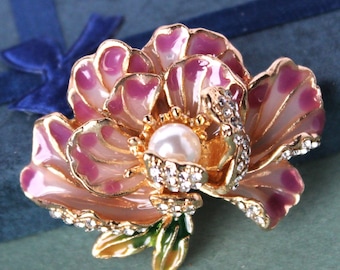 Peach Pink Flower Enamel Brooch, Jeweled Pearl Swarovski Crystals Rhinestone, Floral Statement Jewelry, Handmade