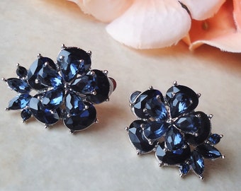 Navy Blue Crystal Clip On Earrings Montana Blue Jeweled Silver Bridal Cluster Earrings Bridesmaid Vintage Sapphire Stud Small Gift Handmade