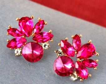 Hot Pink Crystal Post Earrings, Swarovski Rhinestone Statement Jewelry, Handmade