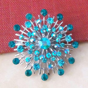 Blue Sapphire Crystal Brooch Pin Jeweled Aqua Rhinestone Bridal Bridesmaid Floral Brooch Silver Wedding Vintage Formal Sash Gift Handmade