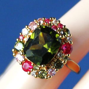 Olive Green Crystal Ring, Rhinestone Ring, Cocktail Ring, Jeweled Ring, Green Pink Ring, Bridal, Gold, Statement, Formal, Gift, Handmade