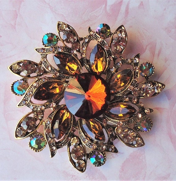 Gran multicolor cristal broche pin joya topacio marrón pedrería declaración  nupcial floral oro boda vintage faja regalo formal hecho a mano -   España