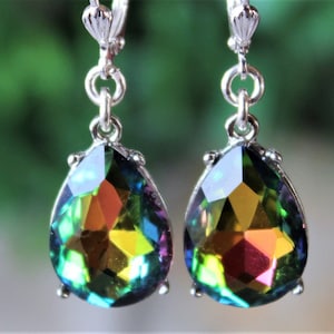 Emerald Green Dangle Earrings Aurora Borealis Swarovski Crystal Rhinestone Tear Drop Dainty Silver Bridal Gemstone Statement Gift Handmade