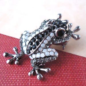 Frog Brooch, Black Rhinestone Pin, Jeweled Black White Opal Crystal Insect, Gift, Handmade