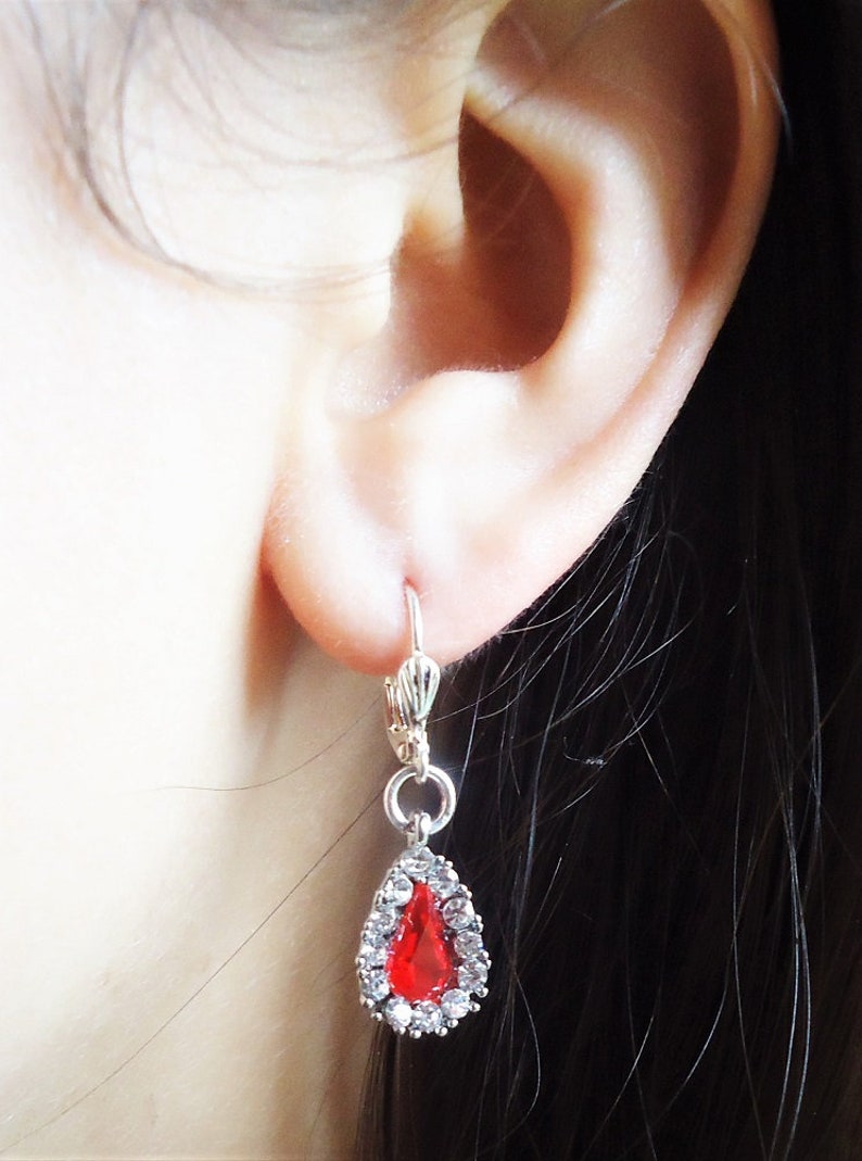 Tiny Red Garnet Crystal Dangle Earrings.Rhinestone.Tear Drop.Ruby.Dainty.Silver.Bridal.Bridesmaid.Small.Jeweled.Vintage.Statement.Handmade.