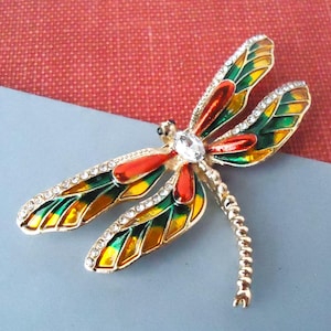 Dragonfly Brooch Pin Jeweled Enamel Green Orange Crystal Rhinestone Bridal Bridesmaid Insect Butterfly Bug Gold Hand Painted Gift Handmade