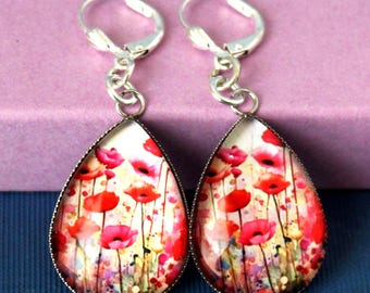 Red Poppy Flower Dangle Earrings, Floral Tear Drop, Botanical Statement Jewelry, Gift, Handmade