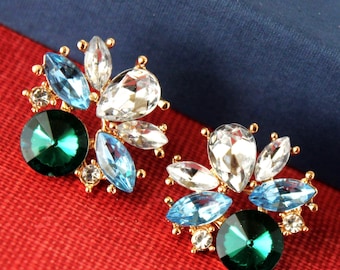 Blue Green Crystal Post Earrings, Swarovski Rhinestone Statement Jewelry, Handmade