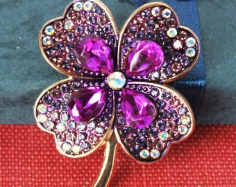 Purple Crystal Four Leaf Clover Brooch: Floral Rhinestone Pin, Lucky Statement Jewelry, Handmade