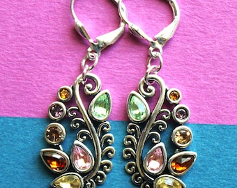 Floral Pink green Topaz Crystal Dangle Earrings, Jeweled Rhinestone Drop, Gift, Handmade