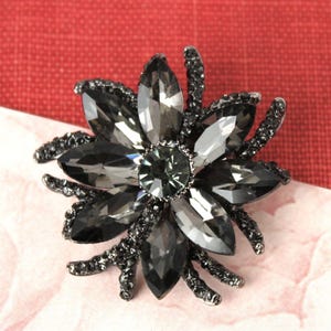 Smoky Black Crystal Brooch, Rhinestone Pin, Jeweled, Grey, Bridal, Floral, Silver, Wedding, Vintage, Formal, Sash, Statement, Gift, Handmade