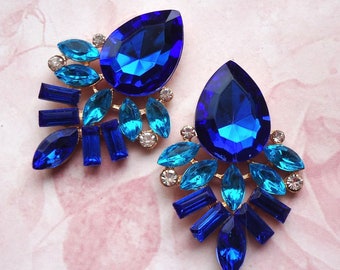 Blue Crystal Stud Earrings Teal Green Post Earrings Jeweled Gold Bridal Cluster Bridesmaid Navy Emerald Large Big Statement Gift Handmade