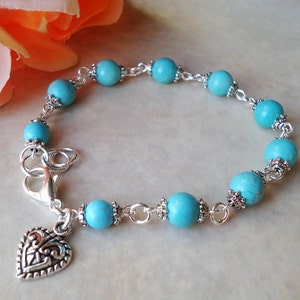 Heart Beaded Bracelet, Blue Turquoise Stone, Bridal, Heart Charm, Anniversary Graduation Birthday Gift, Handmade