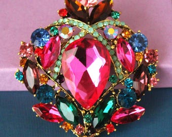 Large Hot Pink Crystal Brooch: Gold Floral Rhinestone Pin, Bridal Statement Jewelry, Gift, Handmade