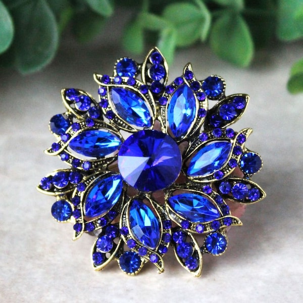 Large Navy Blue Crystal Brooch Pin Jeweled Sapphire Rhinestone Round Bridal Statement Floral Gold Wedding Sash Formal Gift Handmade