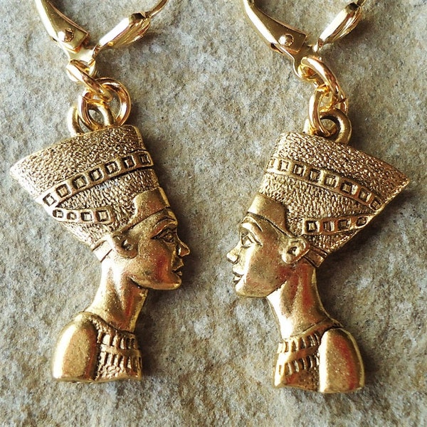 Egyptian Dangle Earrings Hieroglyphs Nefertiti Queen Gold Bohemian Ancient Goddess Egyptian Art Statement Spiritual Metal Handmade