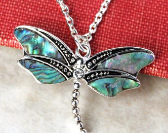 Dragonfly Pendant Necklace, Abalone Shell, Silver Chain, Statement Jewelry, Gift, Handmade