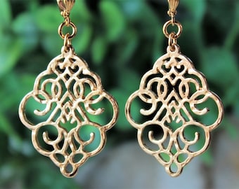 Large Gold Metal Dangle Earrings, Filigree Hammered Modern Statement Jewelry, Gift, Handmade