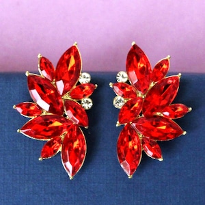 May include: A pair of dazzling red gemstone earrings. Each earring features a cluster of marquise-cut red crystals arranged in a floral pattern, accented with smaller clear crystals and set in a gold-tone metal.