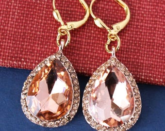 Blush Pink Crystal Rhinestone Dangle Earrings: Rose Gold Jeweled Statement Jewelry, Gift, Handmade