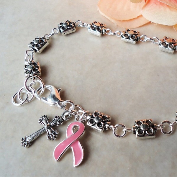 Awareness Bracelet Pink Ribbon Cancer Silver Metal Cross Charm Inspiration Survivor Courage Hope Get Well Small Dainty Chain Gift Handmade