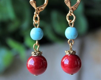 Red Coral & Blue Turquoise Gemstone Dangle Earrings, Bridal Statement Jewelry, Gift, Handmade