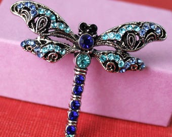 Aqua Blue Sapphire Dragonfly Brooch: Rhinestone Crystal Insect Pin, Statement Jewelry, Gift, Handmade