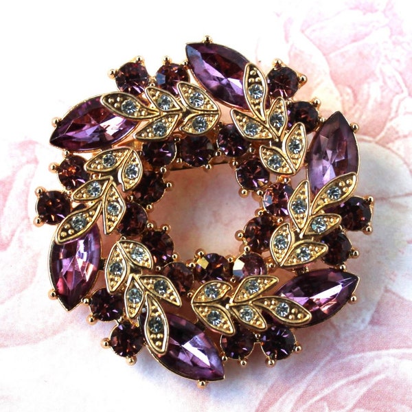Amethyst Crystal Brooch Pin Jeweled Purple Rhinestone Bridal Laural Wreath Floral Brooch Gold Wedding Clear Crystal Sash Gift Handmade