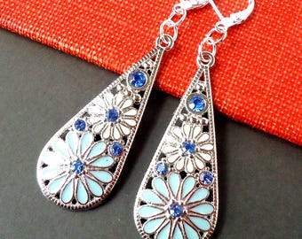 Blue Enamel Flower Dangle Earrings: Rhinestone Crystal, Silver Bridal Statement Jewelry, Gift, Handmade