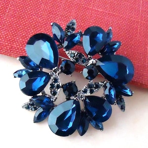 Navy Blue Crystal Brooch Pin Jeweled Sapphire Rhinestone Bridal Bridesmaid Floral Brooch Silver Wedding Formal Sash Gift Handmade